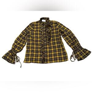Divine Heritage Yellow Plaid Blouse top Ruffled Shirt XS Revolve Academia Preppy